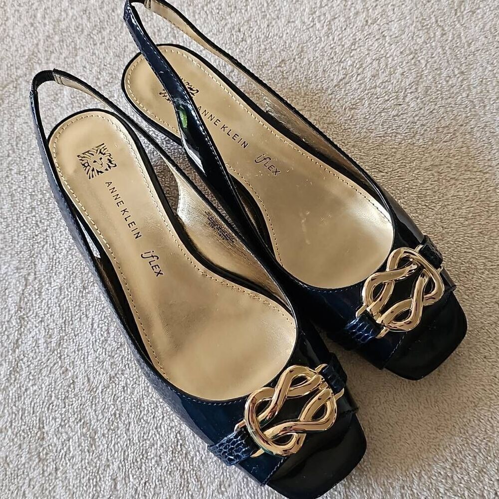 Anne Klien Black Sling Back 2" heel Barbie Patent Leather Romatic Gold Hardware